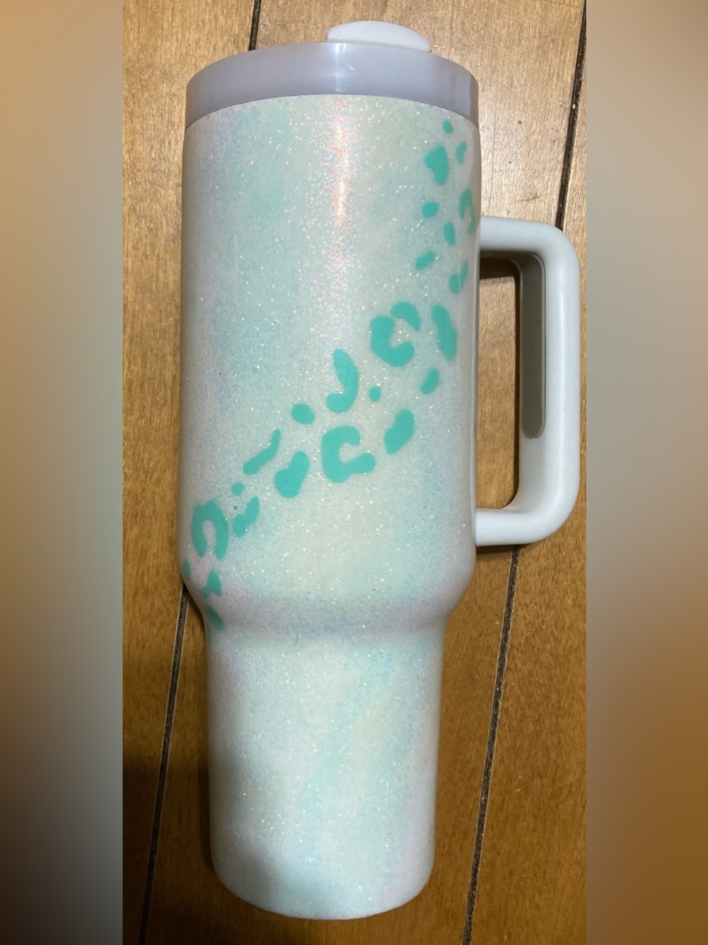 40 oz Sparkle Mint Leopard Print Tumbler with Handle and new straw